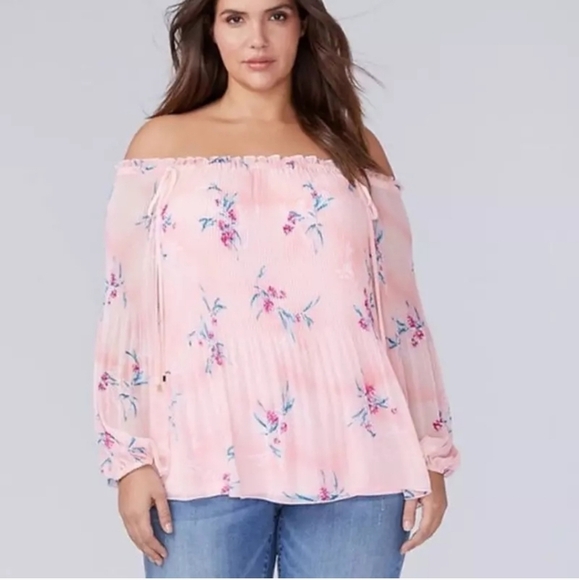 Lane Bryant Pink Floral Chiffon Overlay Off Shoulder Babydoll Top 14/16 1X Plus - Picture 1 of 7